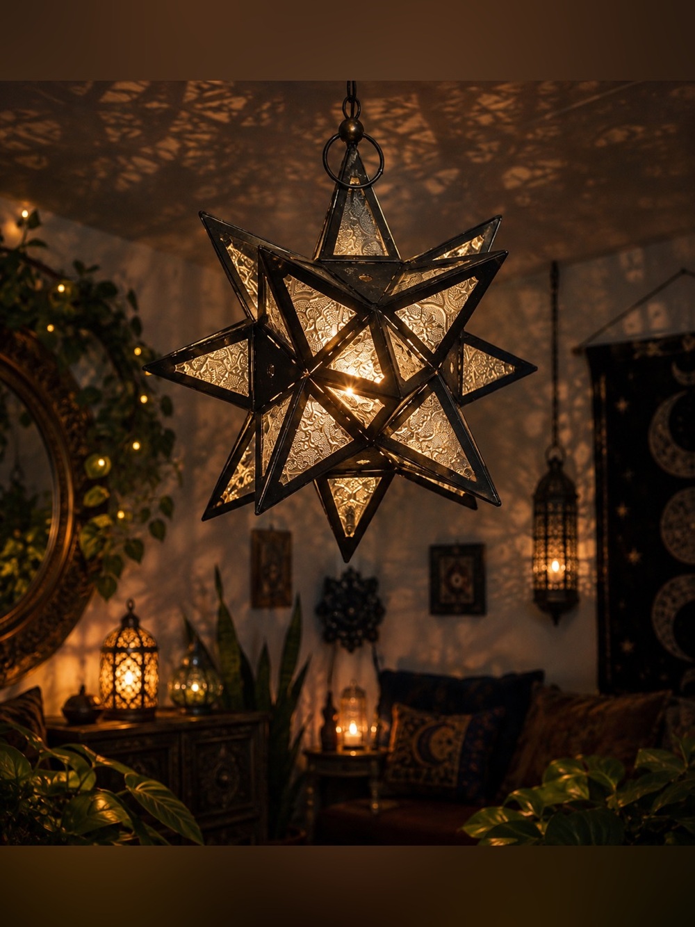 ⭐️ Moroccan Moravian Star Lantern Candle Pendant Lamp Holder • Embossed Glass